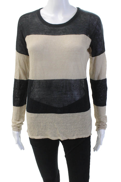 Line & Dot Womens Linen Long Sleeve Striped Knit Top Beige Size P