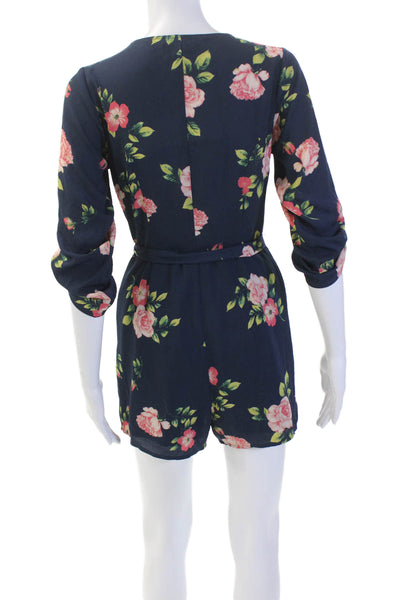 Cupcakes And Cashmere Womens Long Sleeve Floral Button Up Romper Blue Size 0