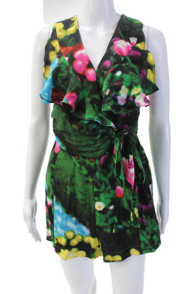Tracy Reese Womens V Neck Ruffle Trim Tie waist Romper Multi Size 0