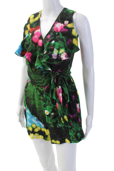 Tracy Reese Womens V Neck Ruffle Trim Tie waist Romper Multi Size 0