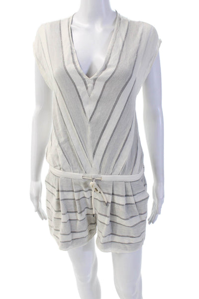 Ramy Brook Womens V Neck Striped Open Back Sleeveless Romper White Size XS