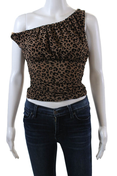Majorelle Womens Leopard Print Off Shoulder Ruched Blouse Top Brown Size XXS