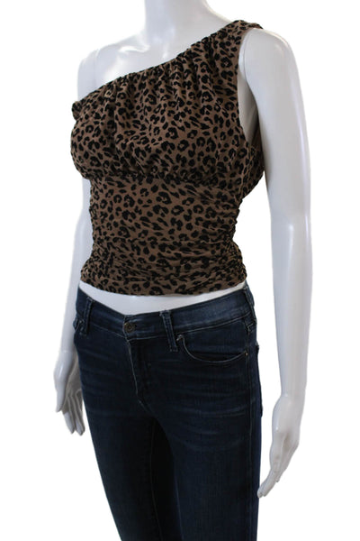Majorelle Womens Leopard Print Off Shoulder Ruched Blouse Top Brown Size XXS