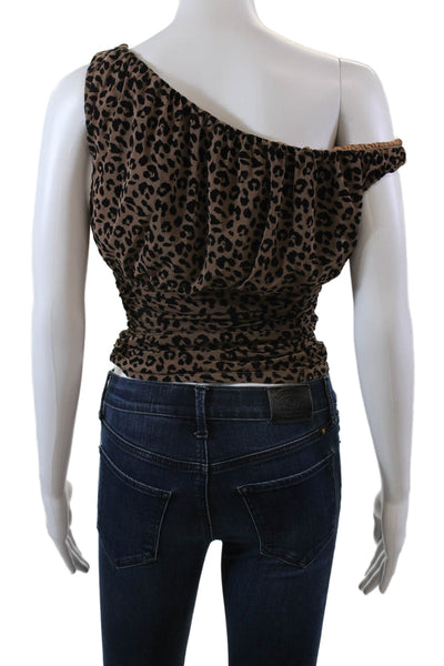 Majorelle Womens Leopard Print Off Shoulder Ruched Blouse Top Brown Size XXS