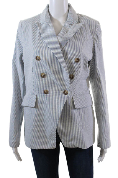 Joie Womens Cotton Striped Collared Double Breasted Blazer Gray Size M