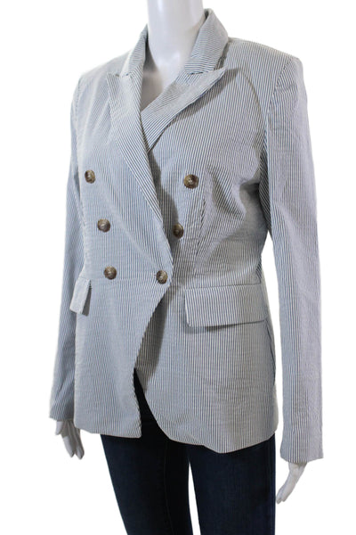 Joie Womens Cotton Striped Collared Double Breasted Blazer Gray Size M