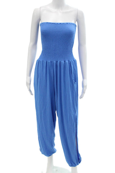 Bobi Los Angeles Womens Smocked Strapless High Rise Jumpsuit Blue Size Small