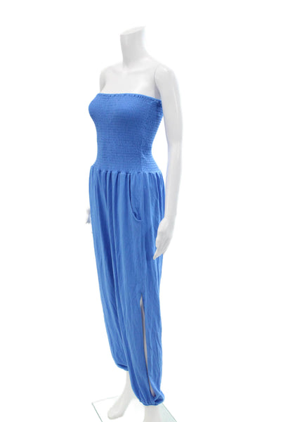 Bobi Los Angeles Womens Smocked Strapless High Rise Jumpsuit Blue Size Small