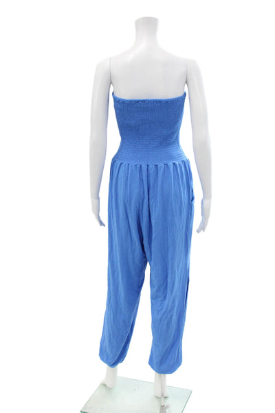 Bobi Los Angeles Womens Smocked Strapless High Rise Jumpsuit Blue Size Small
