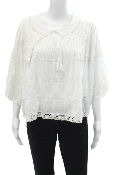 Love Sam Women's Round Neck 3/4 Sleeves Lace Trim Pintuck Blouse White Size M