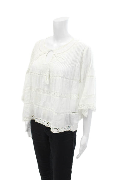 Love Sam Women's Round Neck 3/4 Sleeves Lace Trim Pintuck Blouse White Size M