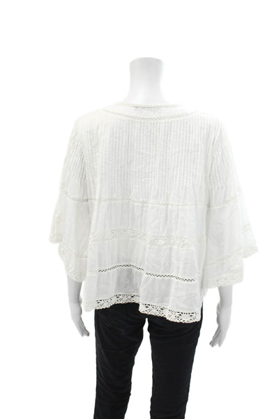 Love Sam Women's Round Neck 3/4 Sleeves Lace Trim Pintuck Blouse White Size M