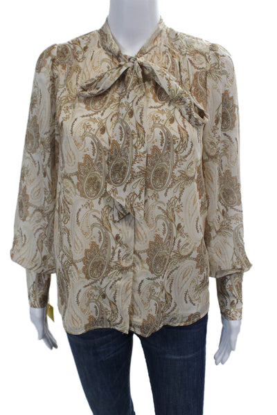 Renuar Womens Paisley Print Long Sleeve Tied Button-Down Shirt Beige XS