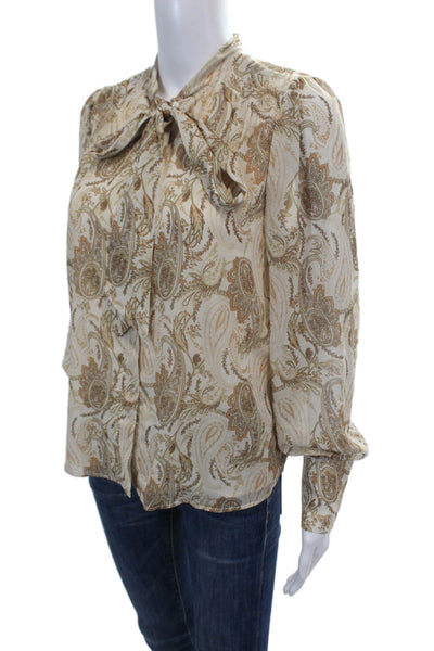 Renuar Womens Paisley Print Long Sleeve Tied Button-Down Shirt Beige XS