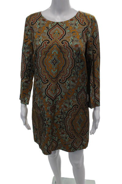 J Crew Collection Womens Long Sleeve Silk Abstract Dress Brown Multi Size 4