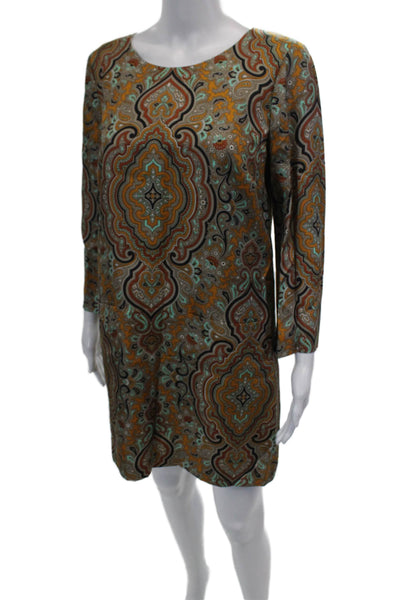 J Crew Collection Womens Long Sleeve Silk Abstract Dress Brown Multi Size 4