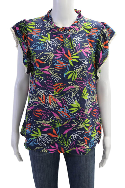 THML Womens Floral Ruffle Neck Cap Sleeve Blouse Top Navy Combo Size L