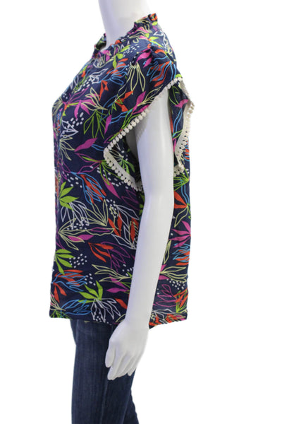 THML Womens Floral Ruffle Neck Cap Sleeve Blouse Top Navy Combo Size L