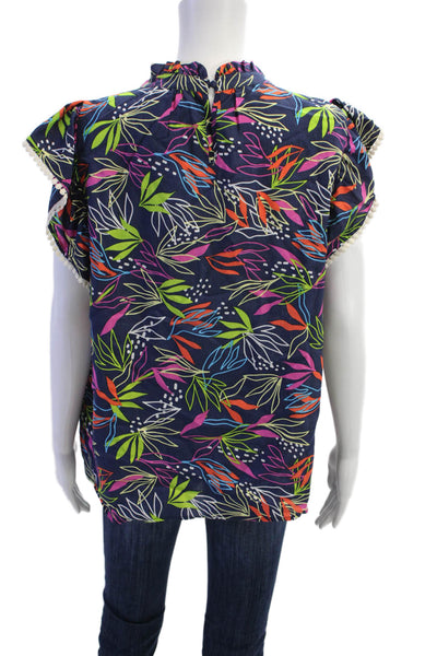 THML Womens Floral Ruffle Neck Cap Sleeve Blouse Top Navy Combo Size L