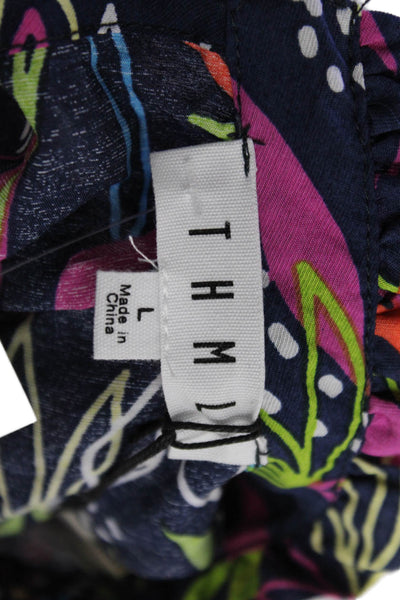THML Womens Floral Ruffle Neck Cap Sleeve Blouse Top Navy Combo Size L