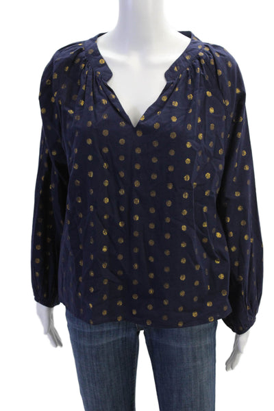 Jude Connally Womens Polka Dot V-Neck Lined Long Sleeve Blouse Top Navy Size M