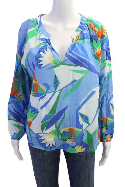 Jude Connally Womens Cotton Floral V-neck Long Sleeve Blouse Top Blue Size M