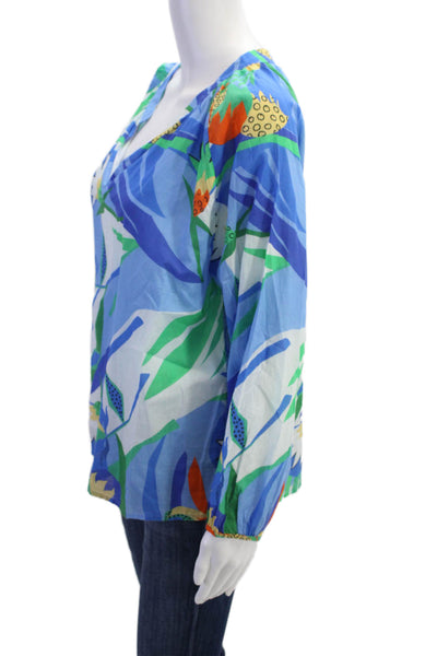 Jude Connally Womens Cotton Floral V-neck Long Sleeve Blouse Top Blue Size M