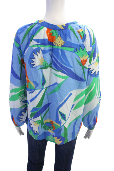 Jude Connally Womens Cotton Floral V-neck Long Sleeve Blouse Top Blue Size M