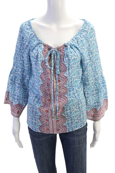 Nanette Lepore Womens Silk Floral Tie Front Off Shoulder Blouse Top Blue Size 10