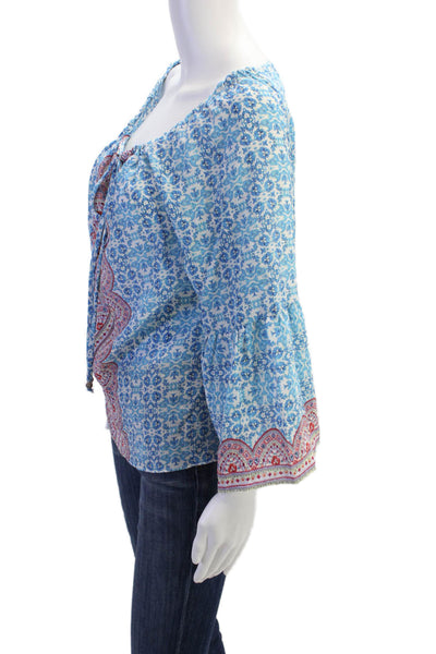 Nanette Lepore Womens Silk Floral Tie Front Off Shoulder Blouse Top Blue Size 10