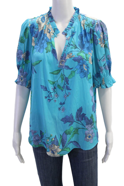 Current Air Womens Floral Ruffle V-neck Short Sleeve Blouse Top Blue Size L