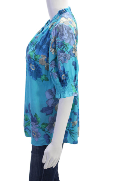 Current Air Womens Floral Ruffle V-neck Short Sleeve Blouse Top Blue Size L