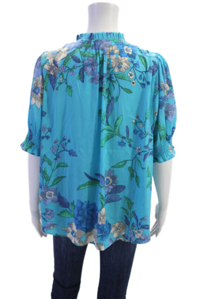 Current Air Womens Floral Ruffle V-neck Short Sleeve Blouse Top Blue Size L