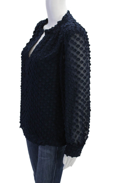 Current Air Womens Floral Textured V-neck Lined Long Sleeve Blouse Top Navy Sz S