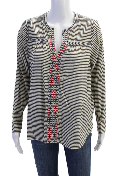 J Crew Womens Long Sleeve V Neck Embroidered Trim Striped Top White Black Size 4