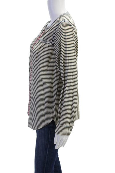 J Crew Womens Long Sleeve V Neck Embroidered Trim Striped Top White Black Size 4