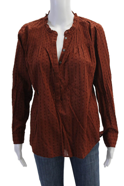 Point Sur Womens Long Sleeve Ruffled Crew Neck Top Brown Cotton Size 4