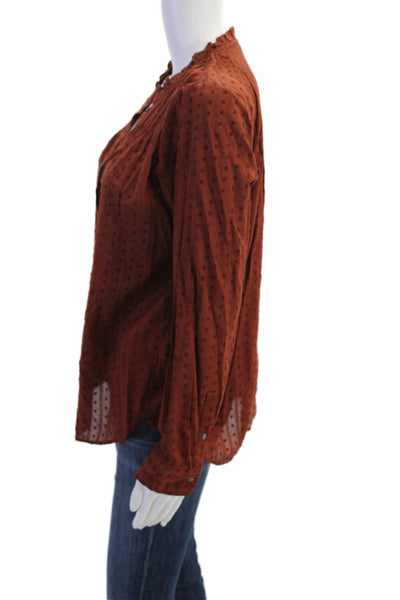 Point Sur Womens Long Sleeve Ruffled Crew Neck Top Brown Cotton Size 4