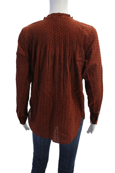 Point Sur Womens Long Sleeve Ruffled Crew Neck Top Brown Cotton Size 4