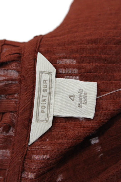 Point Sur Womens Long Sleeve Ruffled Crew Neck Top Brown Cotton Size 4