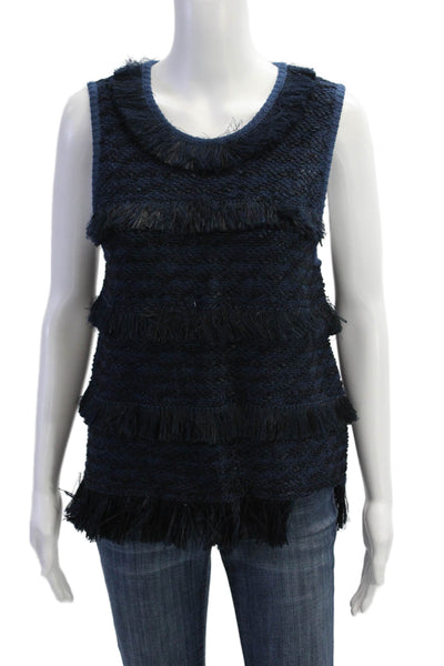 J Crew Collection Womens Sleeveless Crochet Knit Fringe Top Navy Blue Medium