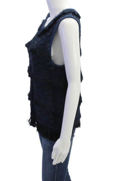 J Crew Collection Womens Sleeveless Crochet Knit Fringe Top Navy Blue Medium