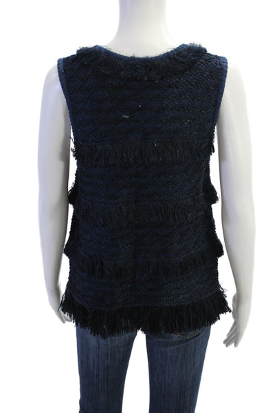 J Crew Collection Womens Sleeveless Crochet Knit Fringe Top Navy Blue Medium