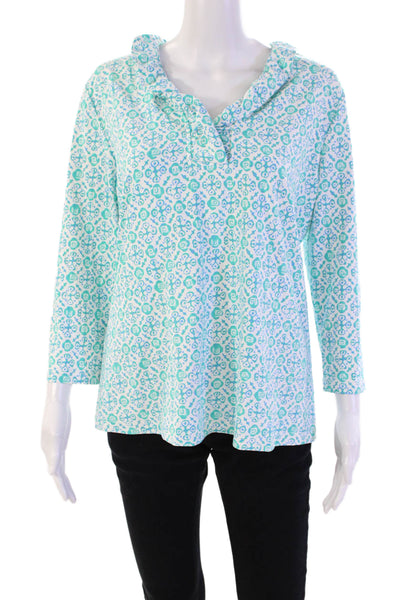 J. Mclaughlin Womens Abstract Print V-Neck Long Sleeve Blouse Top Blue Size XL