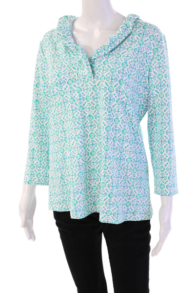 J. Mclaughlin Womens Abstract Print V-Neck Long Sleeve Blouse Top Blue Size XL