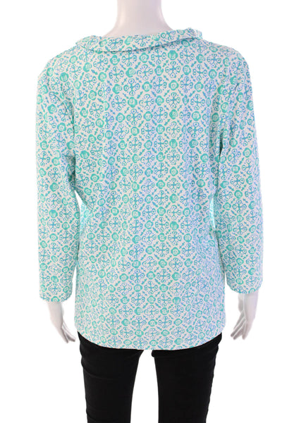 J. Mclaughlin Womens Abstract Print V-Neck Long Sleeve Blouse Top Blue Size XL