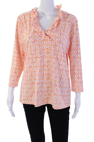 J. Mclaughlin Womens Abstract Print V-Neck Long Sleeve Blouse Top Blue Size XL