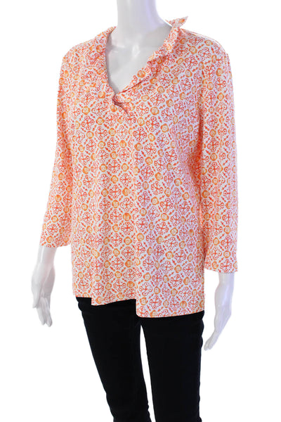 J. Mclaughlin Womens Abstract Print V-Neck Long Sleeve Blouse Top Blue Size XL