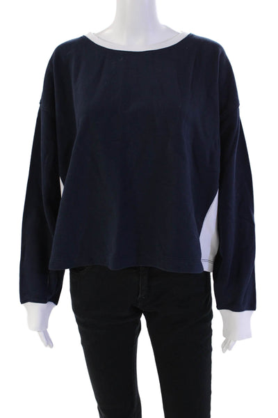 J Crew Womens Long Sleeve Scoop Neck Sweatshirt Navy White Cotton Size Medium