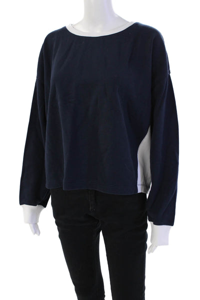 J Crew Womens Long Sleeve Scoop Neck Sweatshirt Navy White Cotton Size Medium